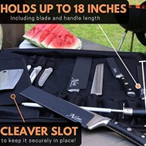 Chef’s Knife Roll (14 slots) and 10 Piece Knife Guards Bundle. Knife Bag Holds 10 Knives PLUS Meat Cleaver and Zippered Pouch. Knives Sheaths are Durable, Non-BPA, and Felt-Lined. Knives Not Included