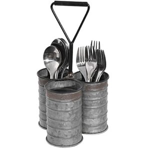 mygift galvanized metal flatware holder for party with handle, 3 compartment picnic utensil holder caddy