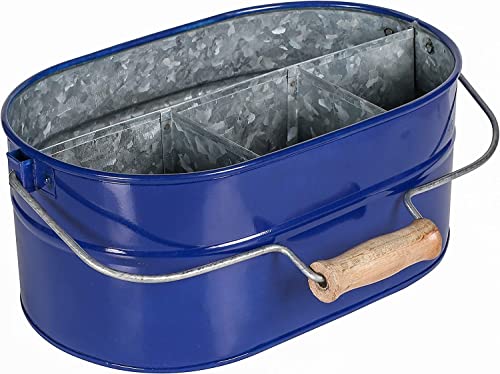 Goroly Home Blue Metal Farmhouse Galvanized Caddy With Wooden Handle - Vintage Rustic Kitchen Organizer With 4 Compartments For Flatware, Napkins, Plates, Cutlery, Flatware, Utensils - Blue