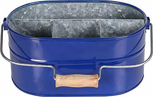 Goroly Home Blue Metal Farmhouse Galvanized Caddy With Wooden Handle - Vintage Rustic Kitchen Organizer With 4 Compartments For Flatware, Napkins, Plates, Cutlery, Flatware, Utensils - Blue