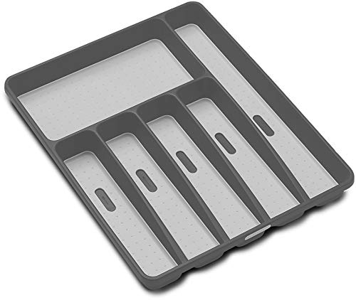 madesmart Classic Large Silverware Tray - Cool Grey | CLASSIC COLLECTION | 6-Compartments | Soft-Grip Lining and Non-Slip Feetand Non-slip Rubber Feet | BPA-Free