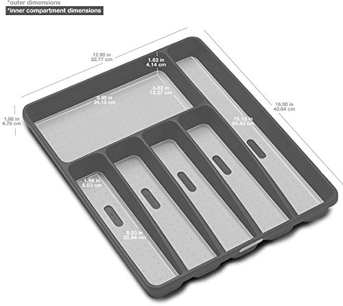 madesmart Classic Large Silverware Tray - Cool Grey | CLASSIC COLLECTION | 6-Compartments | Soft-Grip Lining and Non-Slip Feetand Non-slip Rubber Feet | BPA-Free