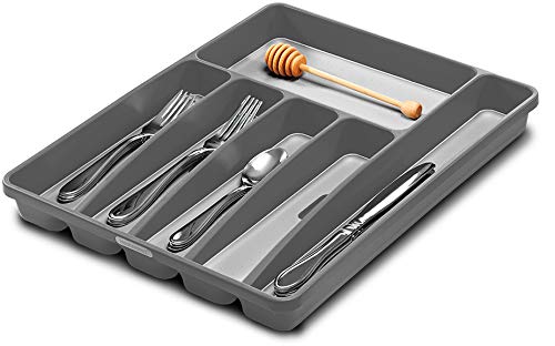 madesmart Classic Large Silverware Tray - Cool Grey | CLASSIC COLLECTION | 6-Compartments | Soft-Grip Lining and Non-Slip Feetand Non-slip Rubber Feet | BPA-Free