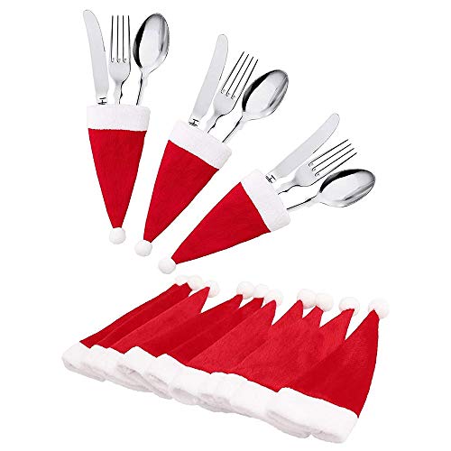 Lincang 10pcs Christmas Santa Hats Silverware Holders Mini Santa Hat Cup Bottles Cover Tableware Storage Bag for Party Table Dinner Decorations