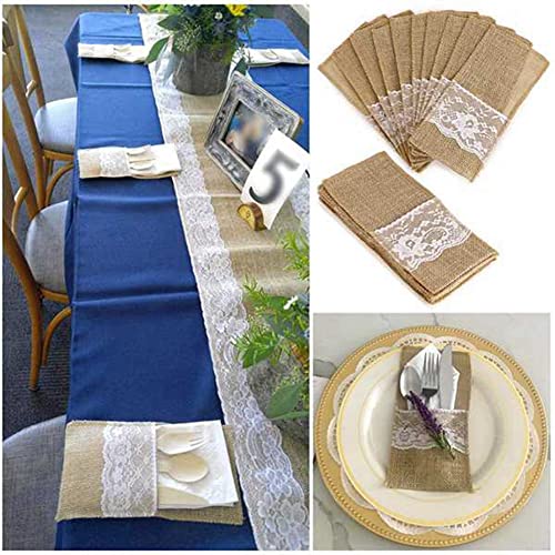 Yothfly 100Pc Burlap Lace Cutlery Pouch Rustic Wedding Knife Fork Holder Bag Hessian Table Decoration Accessories