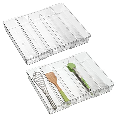 mDesign Adjustable, Expandable Plastic In-Drawer Utensil Organizer Tray Deep 3 Section Divided for Kitchen; Holds Cutlery, Flatware, Silverware, Cooking Utensils, Ligne Collection- 2 Pack - Clear