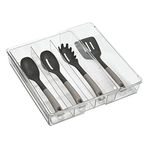 mDesign Adjustable, Expandable Plastic In-Drawer Utensil Organizer Tray Deep 3 Section Divided for Kitchen; Holds Cutlery, Flatware, Silverware, Cooking Utensils, Ligne Collection- 2 Pack - Clear