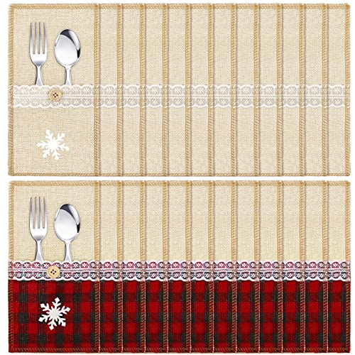 24 Pieces Christmas Burlap Utensil Holder Lace Silverware Holder Utensil Pouch Holders Buffalo Check Plaid Knifes Forks Bags Xmas Table Decor Set for Xmas Wedding Party Dinner Table Supplies