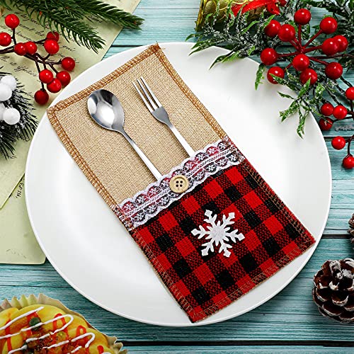 24 Pieces Christmas Burlap Utensil Holder Lace Silverware Holder Utensil Pouch Holders Buffalo Check Plaid Knifes Forks Bags Xmas Table Decor Set for Xmas Wedding Party Dinner Table Supplies