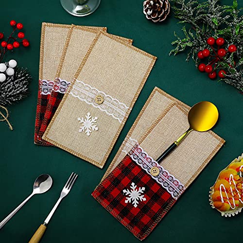 24 Pieces Christmas Burlap Utensil Holder Lace Silverware Holder Utensil Pouch Holders Buffalo Check Plaid Knifes Forks Bags Xmas Table Decor Set for Xmas Wedding Party Dinner Table Supplies