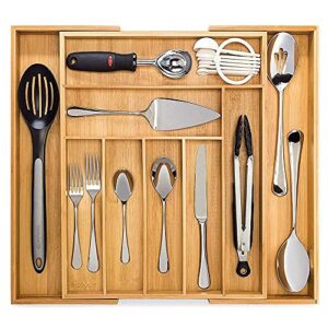 rosas corp bamboo expandable kitchen drawer organizer – 100% pure bamboo, 7 to 9 compartments adjustable drawer dividers organizer for silverware, cutlery tray, flatware and other kitchen utensils