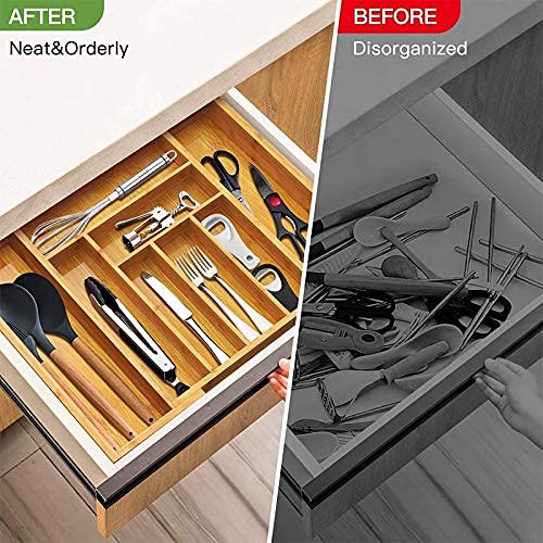 Rosas Corp Bamboo Expandable Kitchen Drawer Organizer - 100% Pure Bamboo, 7 to 9 Compartments Adjustable Drawer Dividers Organizer for Silverware, Cutlery Tray, Flatware and Other Kitchen Utensils