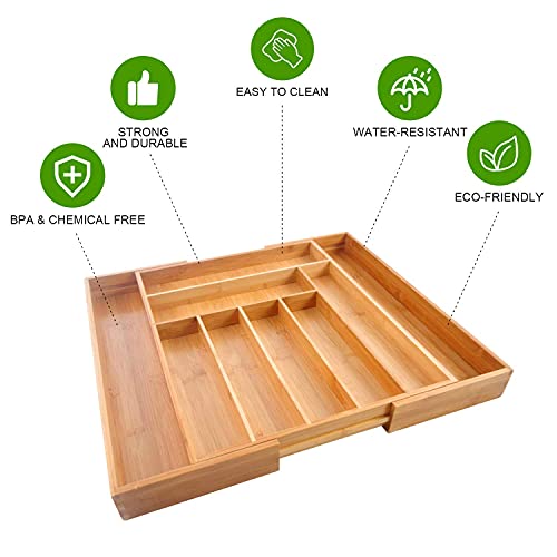 Rosas Corp Bamboo Expandable Kitchen Drawer Organizer - 100% Pure Bamboo, 7 to 9 Compartments Adjustable Drawer Dividers Organizer for Silverware, Cutlery Tray, Flatware and Other Kitchen Utensils