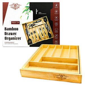 Rosas Corp Bamboo Expandable Kitchen Drawer Organizer - 100% Pure Bamboo, 7 to 9 Compartments Adjustable Drawer Dividers Organizer for Silverware, Cutlery Tray, Flatware and Other Kitchen Utensils