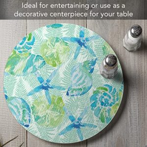 CounterArt Isla Mona Coastal 4mm Heat Tolerant Tempered Glass Lazy Susan Turntable 13" Diameter Cake Plate Condiment Caddy Pizza Server