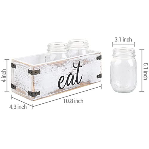 MyGift Shabby Whitewashed Wood Silverware Organizer Holder Set Includes 3 Mason Jars and Display Box with"eat" Cursive Writing Label