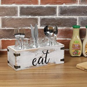 MyGift Shabby Whitewashed Wood Silverware Organizer Holder Set Includes 3 Mason Jars and Display Box with"eat" Cursive Writing Label