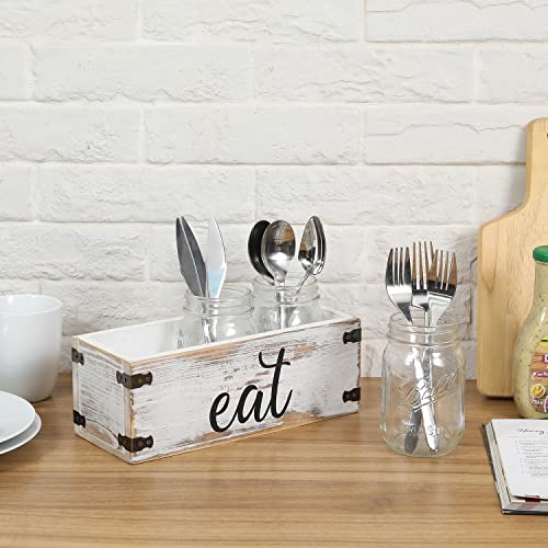 MyGift Shabby Whitewashed Wood Silverware Organizer Holder Set Includes 3 Mason Jars and Display Box with"eat" Cursive Writing Label