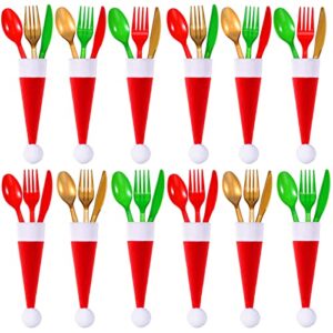 144 pcs christmas plastic silverware set, red green and gold plastic holiday cutlery, 36 spoons, 36 forks, 36 knives, and 36 santa hats silverware holders xmas tableware fork spoon knife storage bag