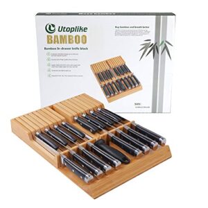 Utoplike 4 Pack Bamboo Kitchen Drawer Dividers and Bamboo Kitchen Knife Drawer Organizer Set