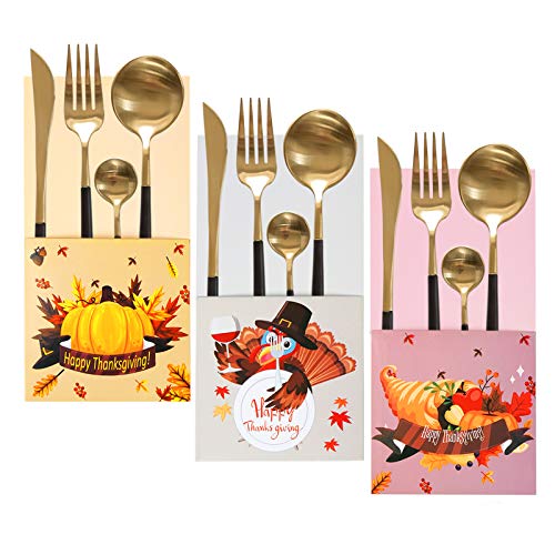 Thanksgiving Silverware Cutlery Holders - Turkey Fall Party Dinner Table Decorations Supplies 24Ct