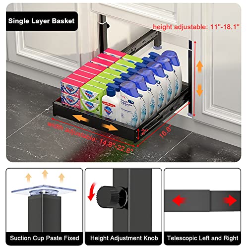 moapm Expandable Pull Out Cabinet Organizer Wire Basket Slide Out Cabinet Drawer Pull Out Kitchen Cabinet Organizer Storage ​Shelves for Kitchen Bathroom, Single Layer