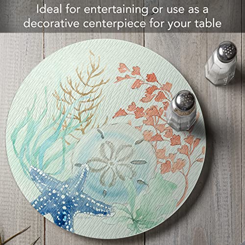 CounterArt Seaside 4mm Heat Tolerant Tempered Glass Lazy Susan Turntable 13" Diameter Cake Plate Condiment Caddy Pizza Server