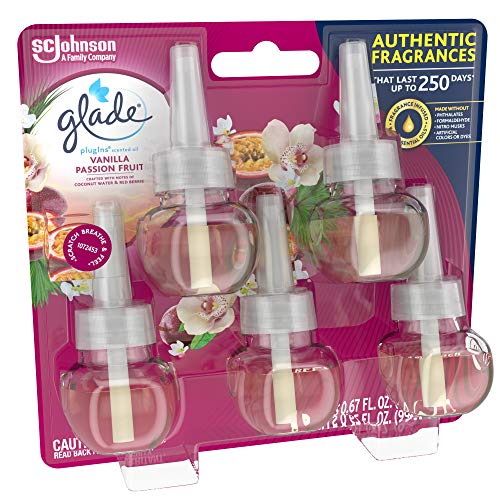 Glade PlugIns Refills Air Freshener, Scented and Essential Oils for Home and Bathroom, Vanilla Passion Fruit, 3.35 Fl Oz, 5 Count