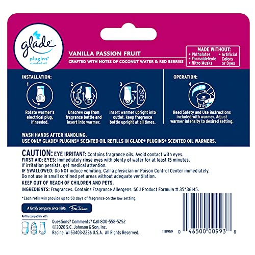 Glade PlugIns Refills Air Freshener, Scented and Essential Oils for Home and Bathroom, Vanilla Passion Fruit, 3.35 Fl Oz, 5 Count