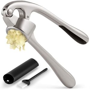 zulay kitchen garlic press with soft, easy to squeeze ergonomic handle – garlic mincer tool with sturdy design extracts more garlic paste – easy to clean garlic crusher and ginger press (silver)