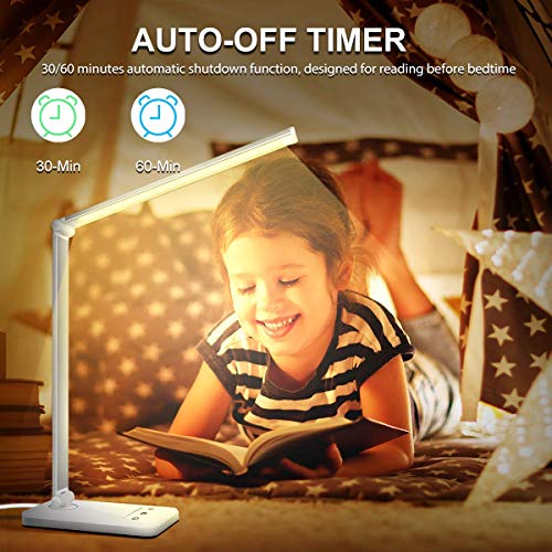 White crown LED Desk Lamp Dimmable Table Lamp Reading Lamp with USB Charging Port 5 Lighting Modes, Sensitive Control, 30/60 min Auto-Off Timer, Eye-Caring Office Lamp (Silver)