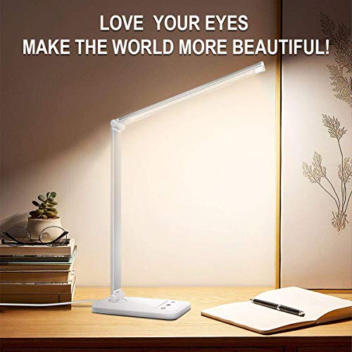 White crown LED Desk Lamp Dimmable Table Lamp Reading Lamp with USB Charging Port 5 Lighting Modes, Sensitive Control, 30/60 min Auto-Off Timer, Eye-Caring Office Lamp (Silver)