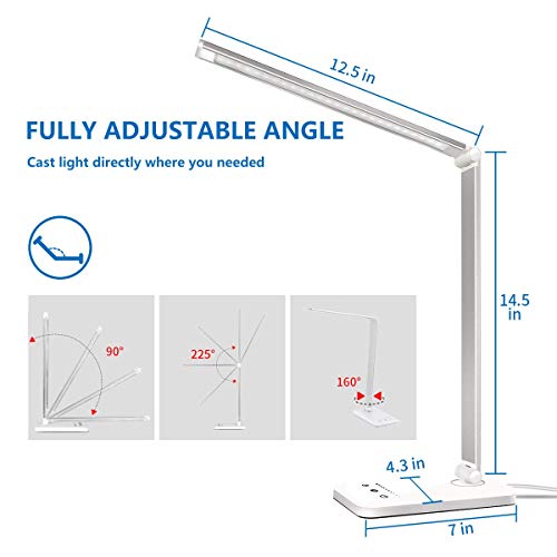 White crown LED Desk Lamp Dimmable Table Lamp Reading Lamp with USB Charging Port 5 Lighting Modes, Sensitive Control, 30/60 min Auto-Off Timer, Eye-Caring Office Lamp (Silver)