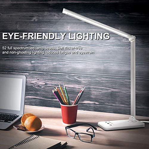 White crown LED Desk Lamp Dimmable Table Lamp Reading Lamp with USB Charging Port 5 Lighting Modes, Sensitive Control, 30/60 min Auto-Off Timer, Eye-Caring Office Lamp (Silver)