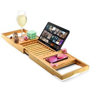 luxury bathtub tray caddy – foldable waterproof bath tray & bath caddy – wooden tub organizer & holder for wine, book, soap, phone luxury gift for men & women – expandable size, fits most tubs home it