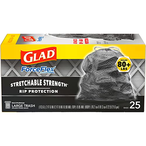 Glad Large Drawstring Trash Bags, ForceFlex 30 Gallon Black Trash Bags, 25 Count