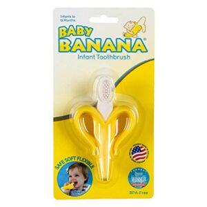 baby banana yellow banana infant toothbrush, easy to hold, made in the usa, train infants babies and toddlers for oral hygiene, teether effect for sore gums, 4.33″ x 0.39″ x 7.87″