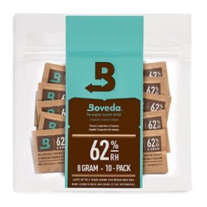 boveda 62% rh size 8-10 pack two-way humidity control packs – for storing 1 oz of botanicals – moisture absorber for small storage containers – humidifier packs – hydration packets w/resealable bag