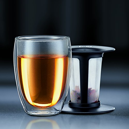 Bodum One Tea Strainer with Pavina Double Wall Glass Set, 12 Oz, Black