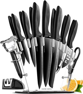 home hero kitchen knife set, steak knife set & kitchen utility knives – ultra-sharp high carbon stainless steel knives with ergonomic handles (17 pc set, black)