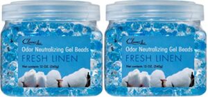 clear air odor eliminator gel beads – air freshener – eliminates odors in bathrooms, cars, boats, rvs & pet areas – made with essential oils – fresh linen scent – 12 ounce – 2 pack