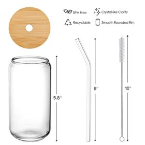 [ 8pcs Set ] Drinking Glasses with Bamboo Lids and Glass Straw - 16oz Can Shaped Glass Cups, Beer Glasses, Iced Coffee Glasses, Cute Tumbler Cup, Ideal for Cocktail, Whiskey, Gift - 2 Cleaning Brushes