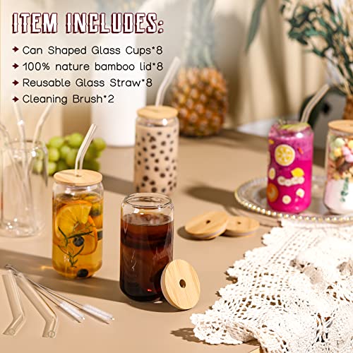 [ 8pcs Set ] Drinking Glasses with Bamboo Lids and Glass Straw - 16oz Can Shaped Glass Cups, Beer Glasses, Iced Coffee Glasses, Cute Tumbler Cup, Ideal for Cocktail, Whiskey, Gift - 2 Cleaning Brushes