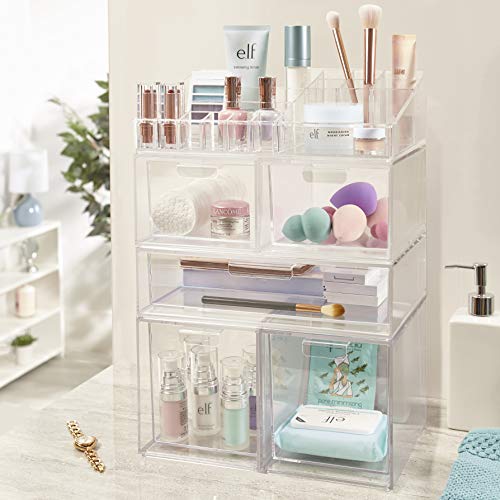 STORi Audrey Stackable Clear Plastic Organizer Drawers | 2 Piece Set | 6.75-Inches Tall | Organize Cosmetics and Beauty Supplies on a Vanity | Made in USA