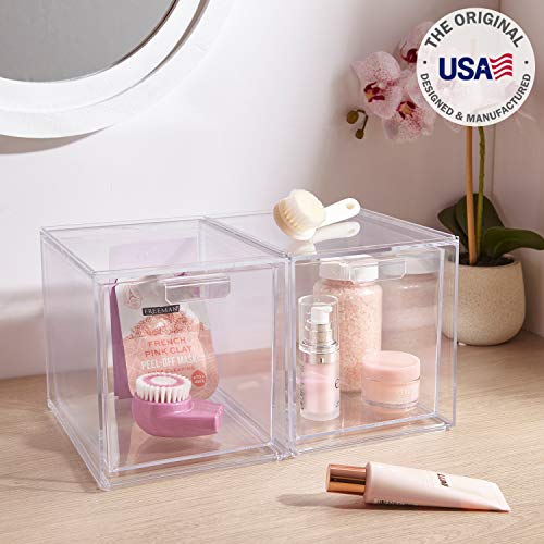 STORi Audrey Stackable Clear Plastic Organizer Drawers | 2 Piece Set | 6.75-Inches Tall | Organize Cosmetics and Beauty Supplies on a Vanity | Made in USA