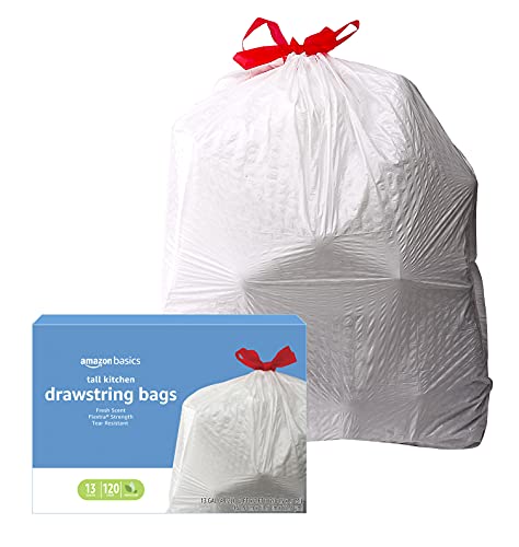 Amazon Basics Flextra Tall Kitchen Drawstring Trash Bags, Fresh Scent, 13 Gallon, 120 Count