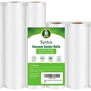 Syntus Vacuum Sealer Bags, 6 Pack 3 Rolls 11" x 20' and 3 Rolls 8" x 20' Commercial Grade Bag Rolls, Food Vac Bags for Storage, Meal Prep or Sous Vide