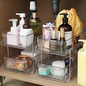 2 Tier Clear Organizer with Dividers, Multi-Purpose Slide-Out Storage Container, Bathroom Vanity Counter Organizing Tray, Under Sink Closet Organization, Kitchen Pantry Medicine Cabniet Storage Bins