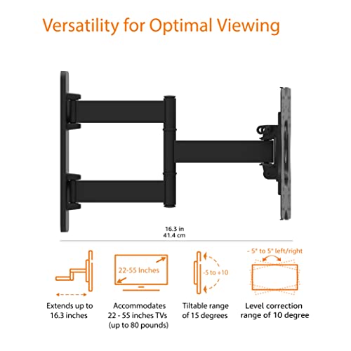 Amazon Basics Full Motion Articulating TV Monitor Wall Mount for 22-55 Inch TVs and Flat Panels up to 80 Lbs, Black