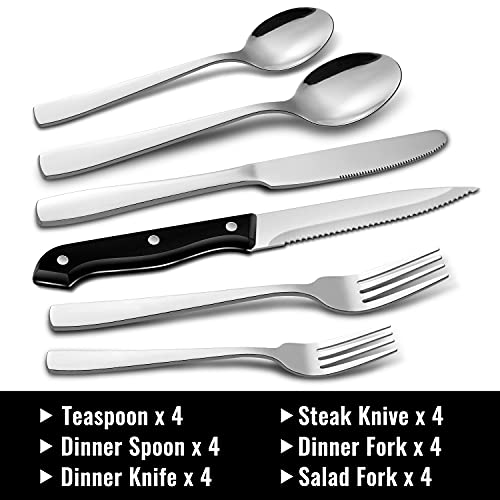 Hiware 24-Piece Silverware Set with Steak Knives, Stainless Steel Flatware Cutlery, Mirror Polished Utensils Set for 4, Includes Forks Spoons Knives Silverware, Dishwasher Safe